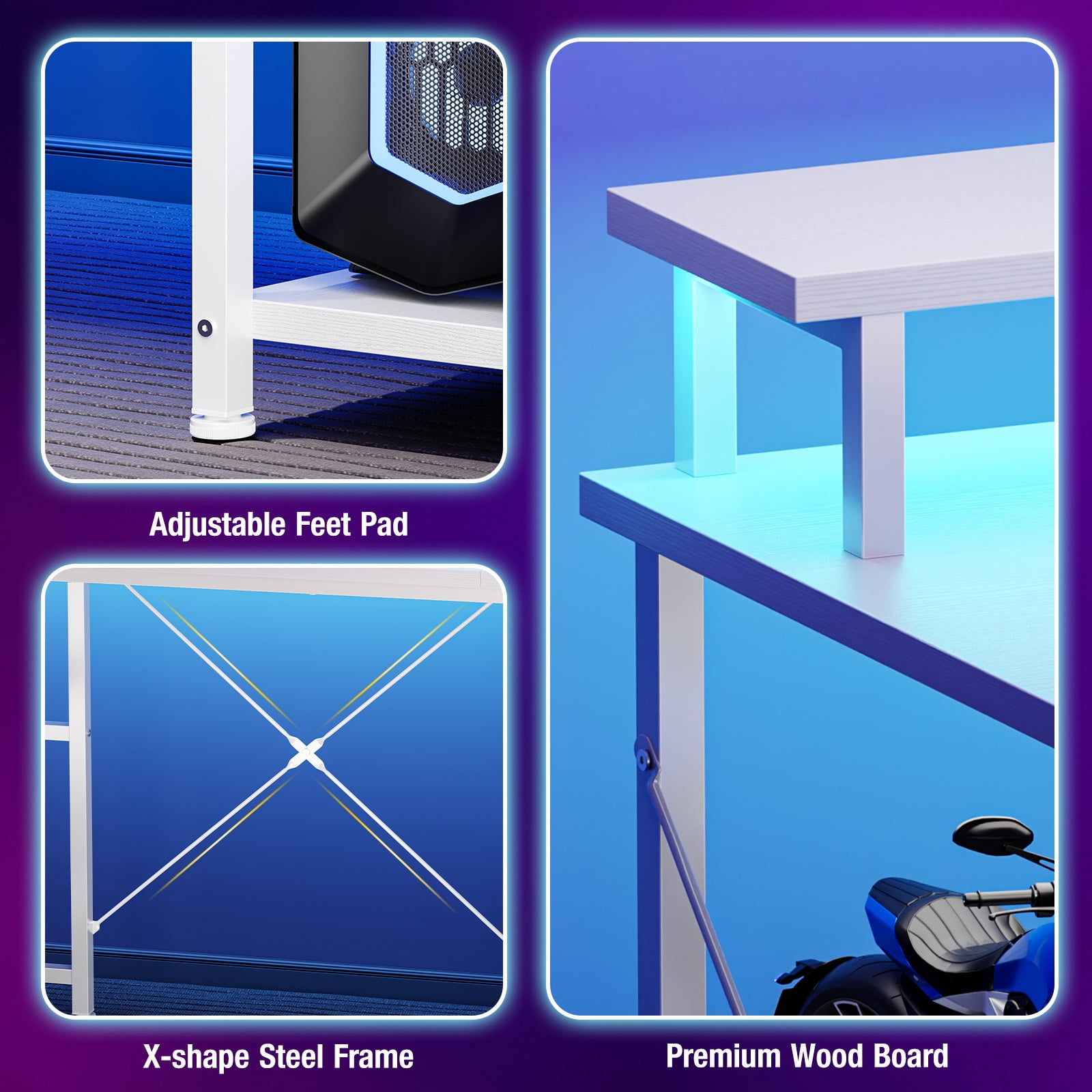 CONCETTA 48" Computer Gaming Desk with LED Light, Power Outlet, Monitor Stand, Headphone Hook, White