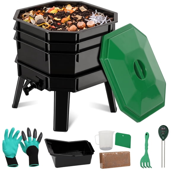 ZenSports 3-Tray Worm Bin Kit, Odor-Free PP Worm Compost Bin Indoor/Outdoor Vermicompost Bin with Soil Meterr, Coco Coir, Gardening Tools (43.5 Liters)