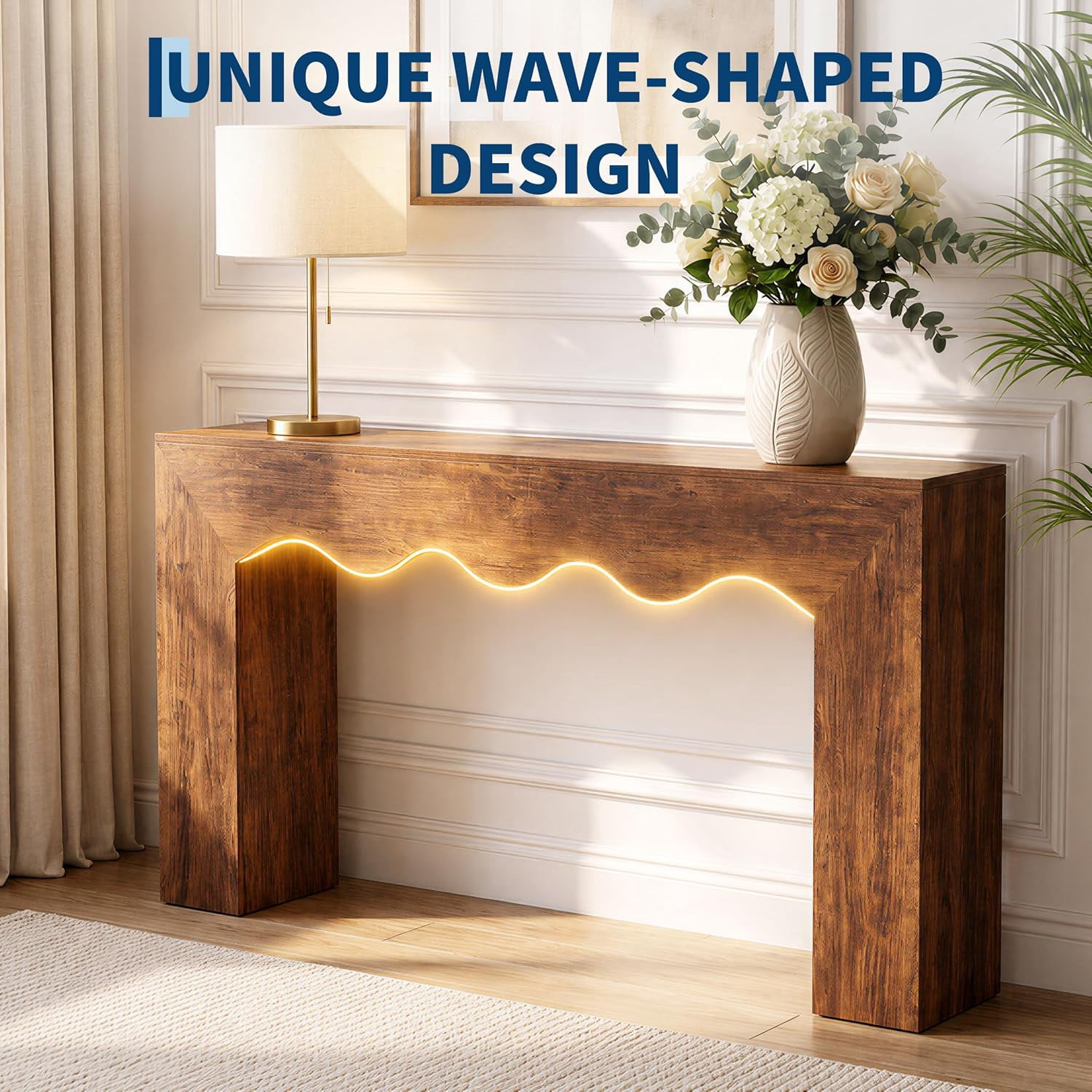 63" Farmhouse Console Table, Wooden Texture Entryway Table with Wave Design, Sturdy Sofa Table Behind Couch, 300LB Capacity Hallway Table for Living Room, Brown