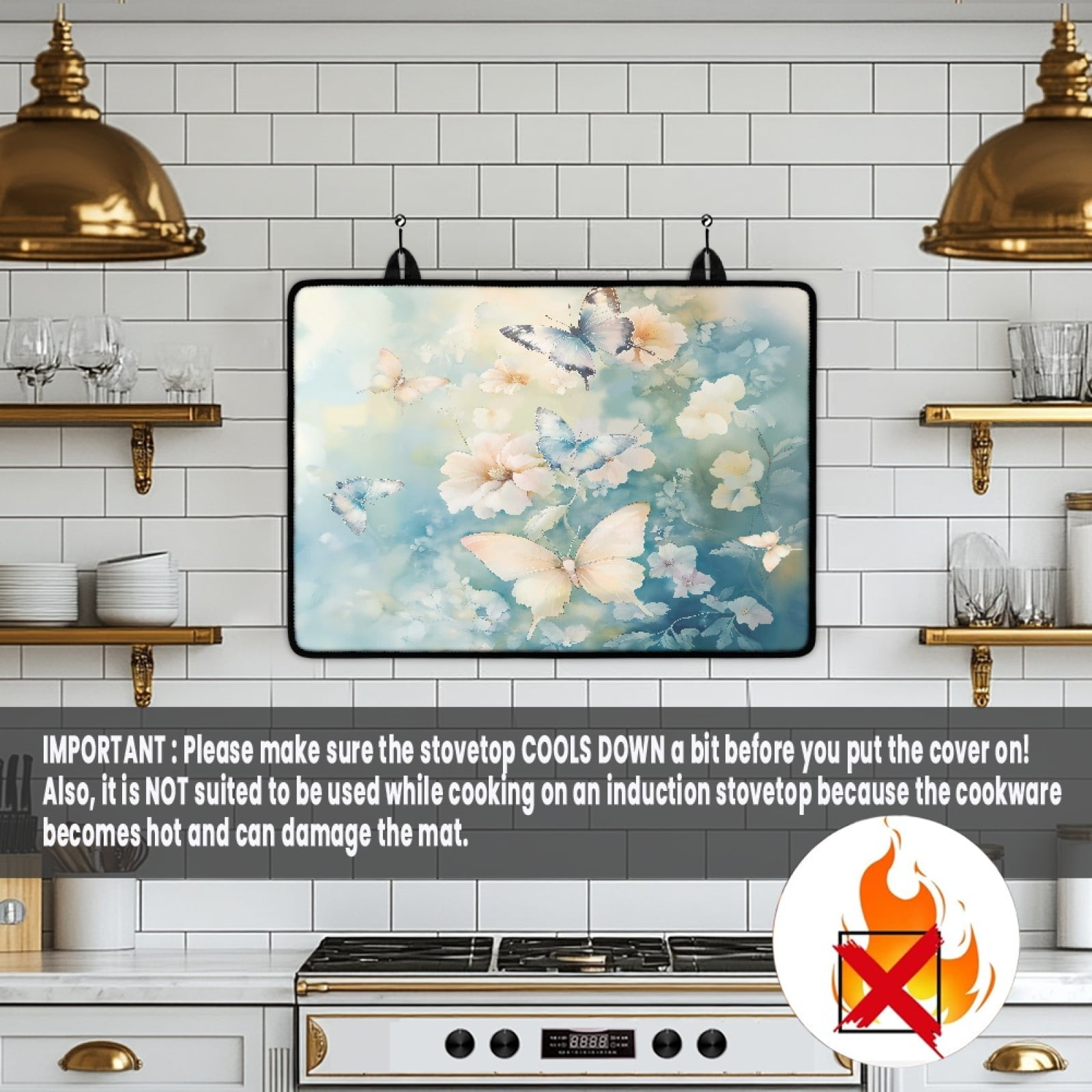 Renewold Ceramic Glass Stove Top Cover Stove Mat Stove Burner Cover Multipurpose Rubber Desk Saver Pad Washer Dryer Top Cover Range Cover for Counter Top, Butterfly Flower Blue
