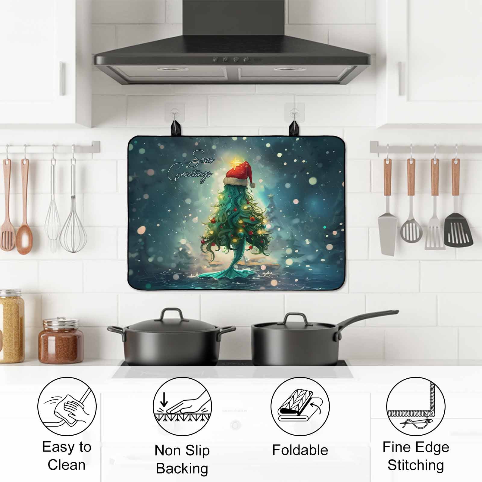 Coastal Christmas Stove Top Cover for Electric Stove, Heat-proof & Non Slip Glass Top Stove Cover Protector, Xmas Pine Tree Ocean Beach Green Kitchen Flat Cooktop Rubber Mat 24x21 Inches