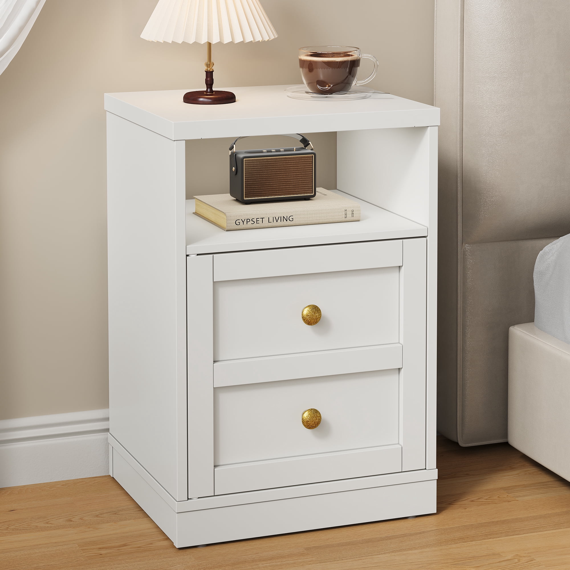 May in Color white Nightstand with Storage Shelf & Door, Faux Drawer Design End Table, Compact Side Table for Bedrooms, Dorm Rooms & Small Spaces, Set of 2