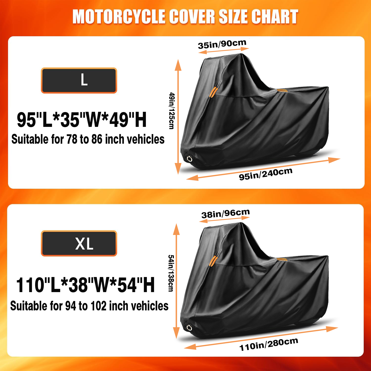 FFORCE Motorcycle Cover 420D Heavy-Duty Touring Model Waterproof UV-Resistant Outdoor Protective Cover Black XL - 110.24 x 37.8 x 54.33 inch