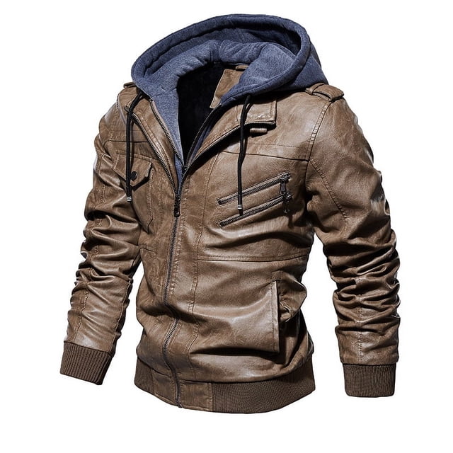 Chaqueta de cuero de otoño e invierno para hombre de estilo europeo y americano Chaqueta de cuero con capucha de cuero sintético para hombre
