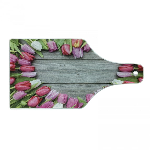 Love Cutting Board, Frame of Fresh Tulips Arranged on Old Wooden Table Countryside Nature Print, Decorative Tempered Glass Cutting and Serving Board, Wine Bottle Shape, Pink Green Umber, by Ambesonne