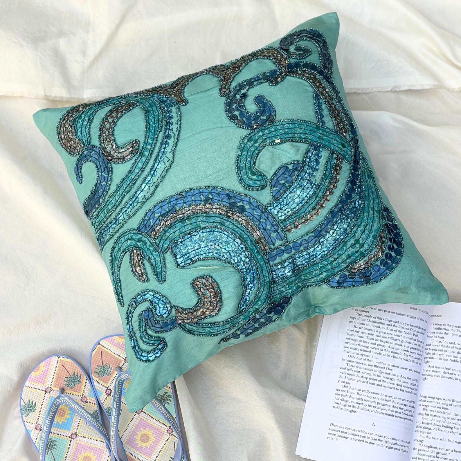 Custom Cushion Cover, Aqua Blue Decorative Pillow Cover&nbsp;For Sofa 16x16 inch (40x40 cm), Silk Pillowcase&nbsp;With Zipper, Abstract, Waves, Sequins Embellished, Mediterranean Throw - Tides