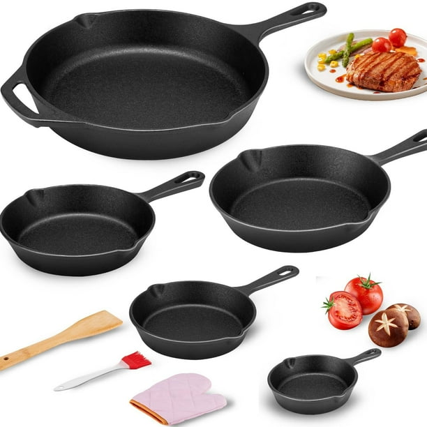 Sartenes Antiadherentes, Sartenes de Hierro Fundido -10/14/16/20/26cm, Juego de 5 Sartenes Antiadherentes Freír con Asa, Cast-Iron Skillet con Espátula y Guantes, para Freír Saltear Filete Salmón