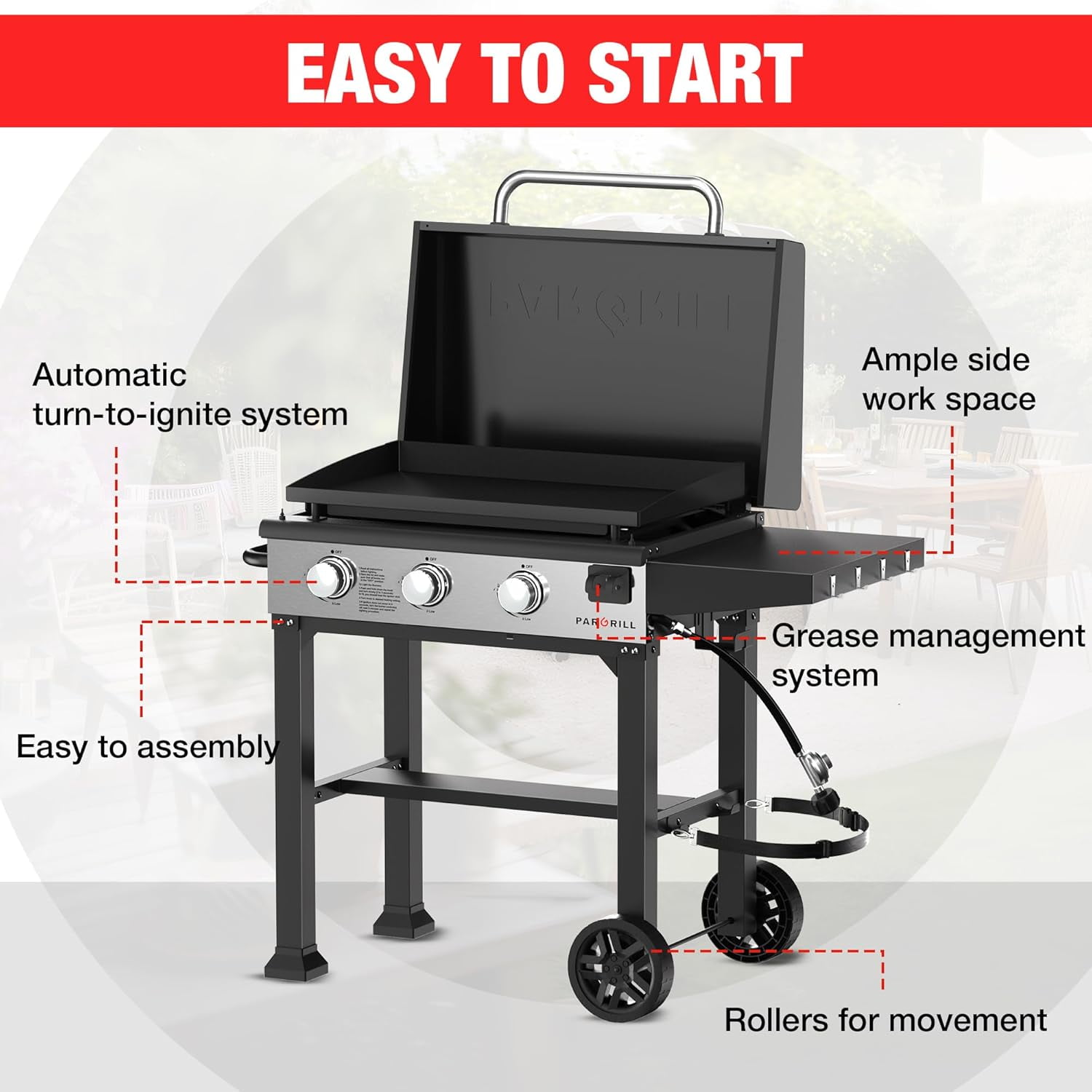 ‎PARGRILL 28" Flat Top Gas Grill Griddle, 3 Independent Burners Propane Heavy Duty Grill Station with Side Shelves for Backyard Outdoor BBQ