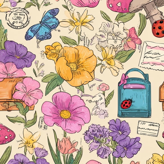 Peel and Stick Wallpaper Colorful Floral Butterflies Mushrooms Postcards Wall Mural 17.7in x 9.8ft Self Adhesive Removable Wall Paper Renter Friendly Wallpaper for Girls Bedroom Nursery Livingroom