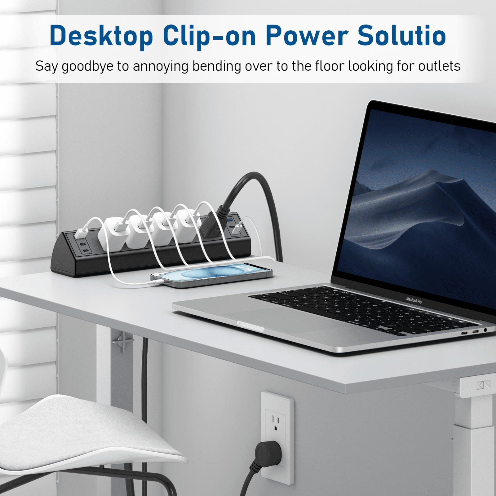 VILONG Desk Clamp Power Strip USB C, 40W Total Fast Charging Station, 5 Outlets 6USB, 1200J Surge Protector, 6Ft Cord, Fit 1.6" Edge, Black, ETL Listed