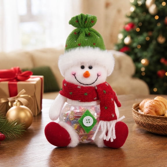 Christmas Snowman Candy Jar, Mini Sitting Snowman with Knitted Hat & Scarf, Clear Plastic, Holiday Gift Box