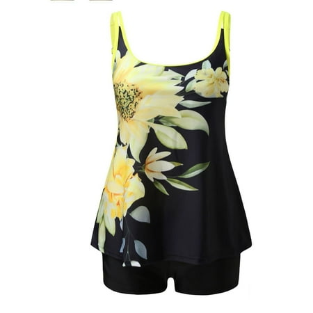 Arnsht Tankini Swimsuits for Women Two Piece Bathing Suits Tops with Boyshorts Fashion Print Halter Loose Fit Soft Breathable Swimwear Yellow XXL