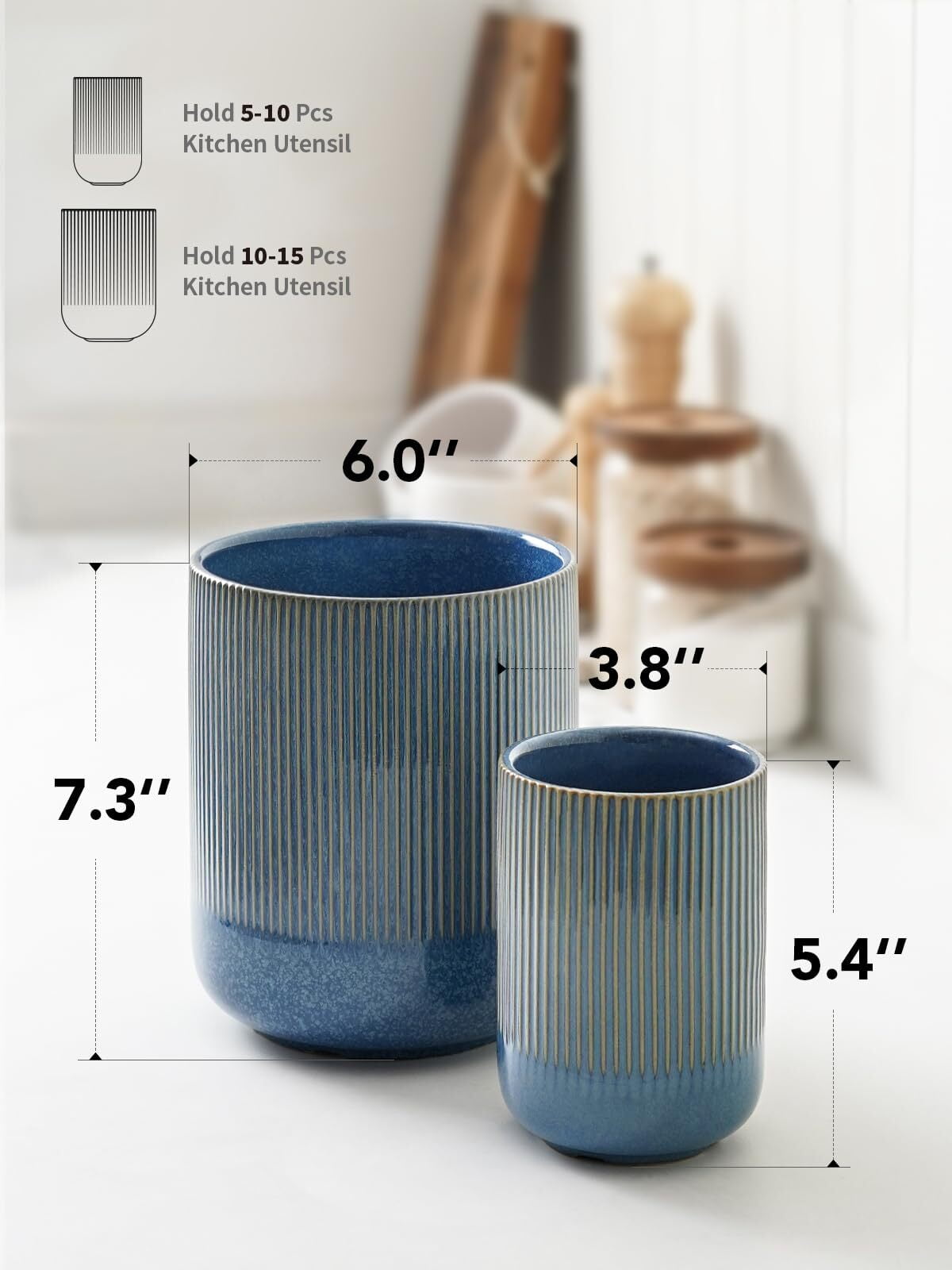 LE TAUCI Utensil Holder, 7.3"+5.4" Ceramic Utensil Crock, Plant Pots & Home Accessories, Pack of 2, Glaze Blue Serving Storage