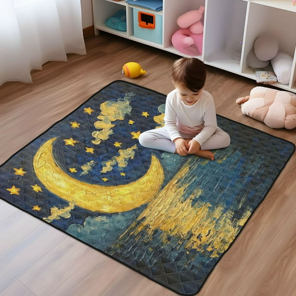 WOBOGO Bright Moon over The Water Baby Playmats Extra Large Waterproof Rollable Activity Pads for Toddlers 50×50inch