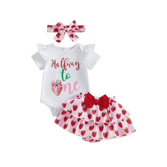 BemeyourBBs Baby Girl Half Birthday Strawberry Outfit Half Way to One Summer Clothes Short Sleeve Letters Print Romper Ruffle Skirt Set Hairband
