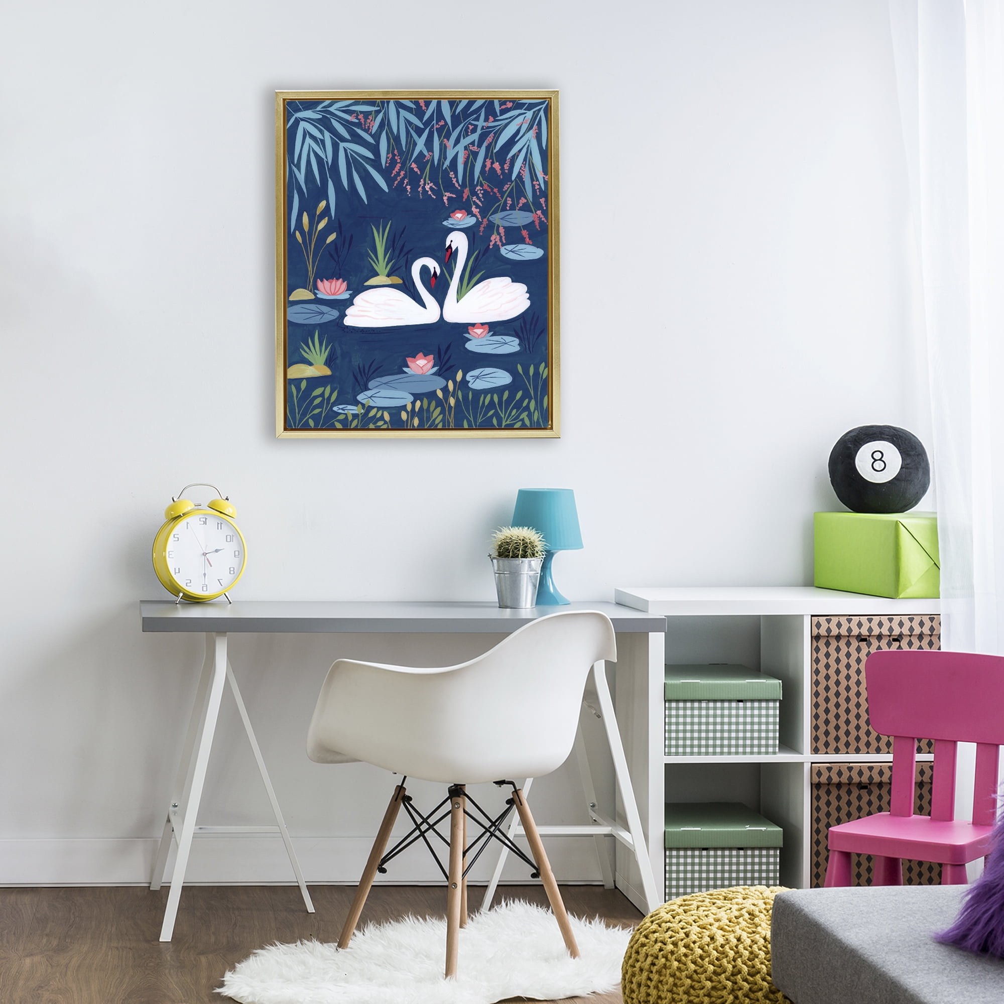 Swan Pair on Blue Pond Gold Framed Floater Canvas Wall Art, design by Nabeela Rumi
