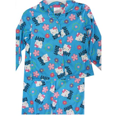 Little Girls Sky Blue Kitty Flower Print 2 Pc Pajama 4-6