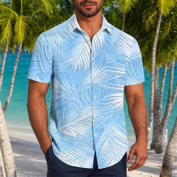 Blusa y camisa de manga corta con cuello vuelto para hombre, informal, a la moda, con estampado de bolsillo y botones, de poliéster.