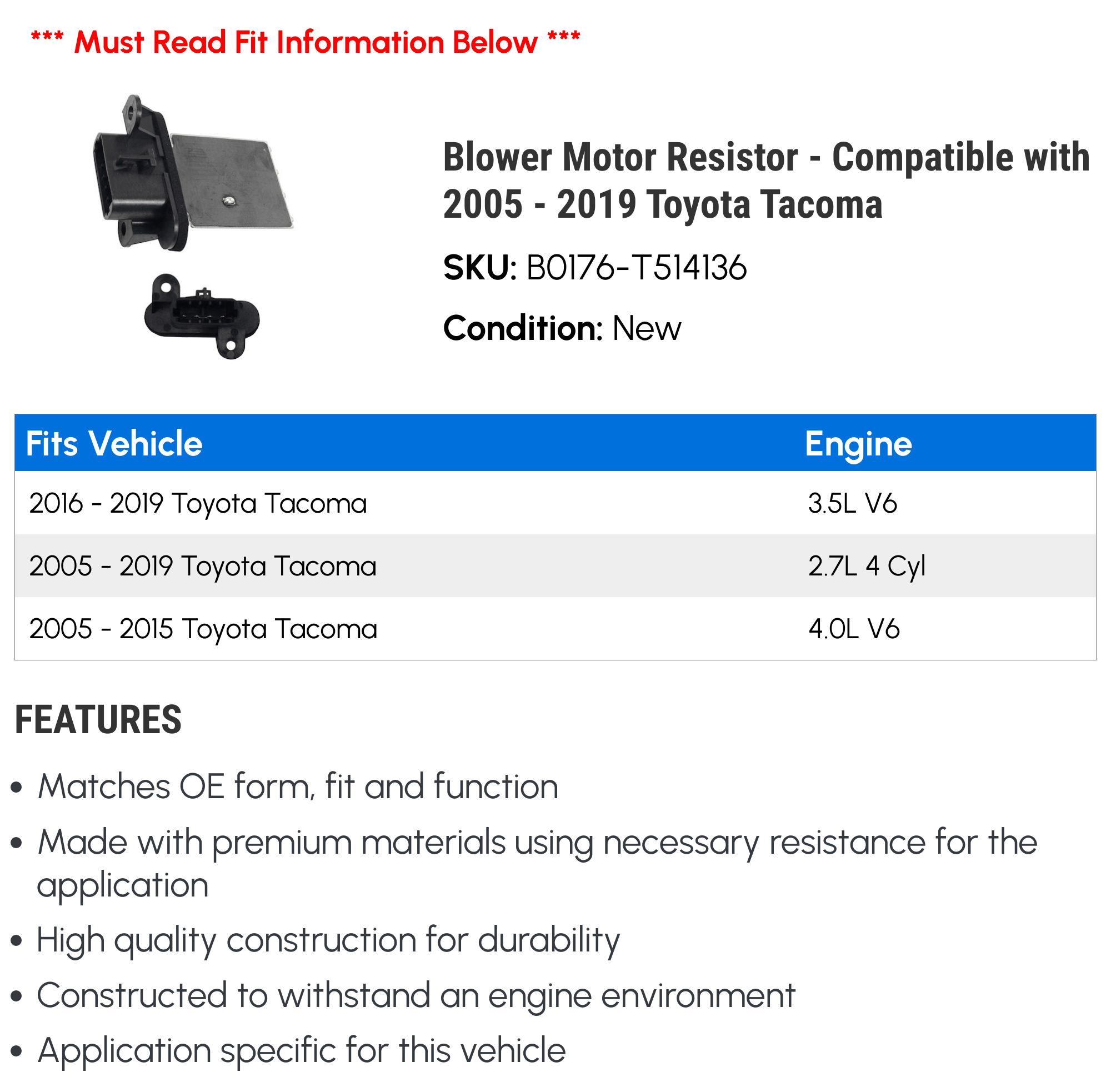 Blower Motor Resistor - Compatible with 2005 - 2019 Toyota Tacoma 2006 2007 2008 2009 2010 2011 2012 2013 2014 2015 2016 2017 2018