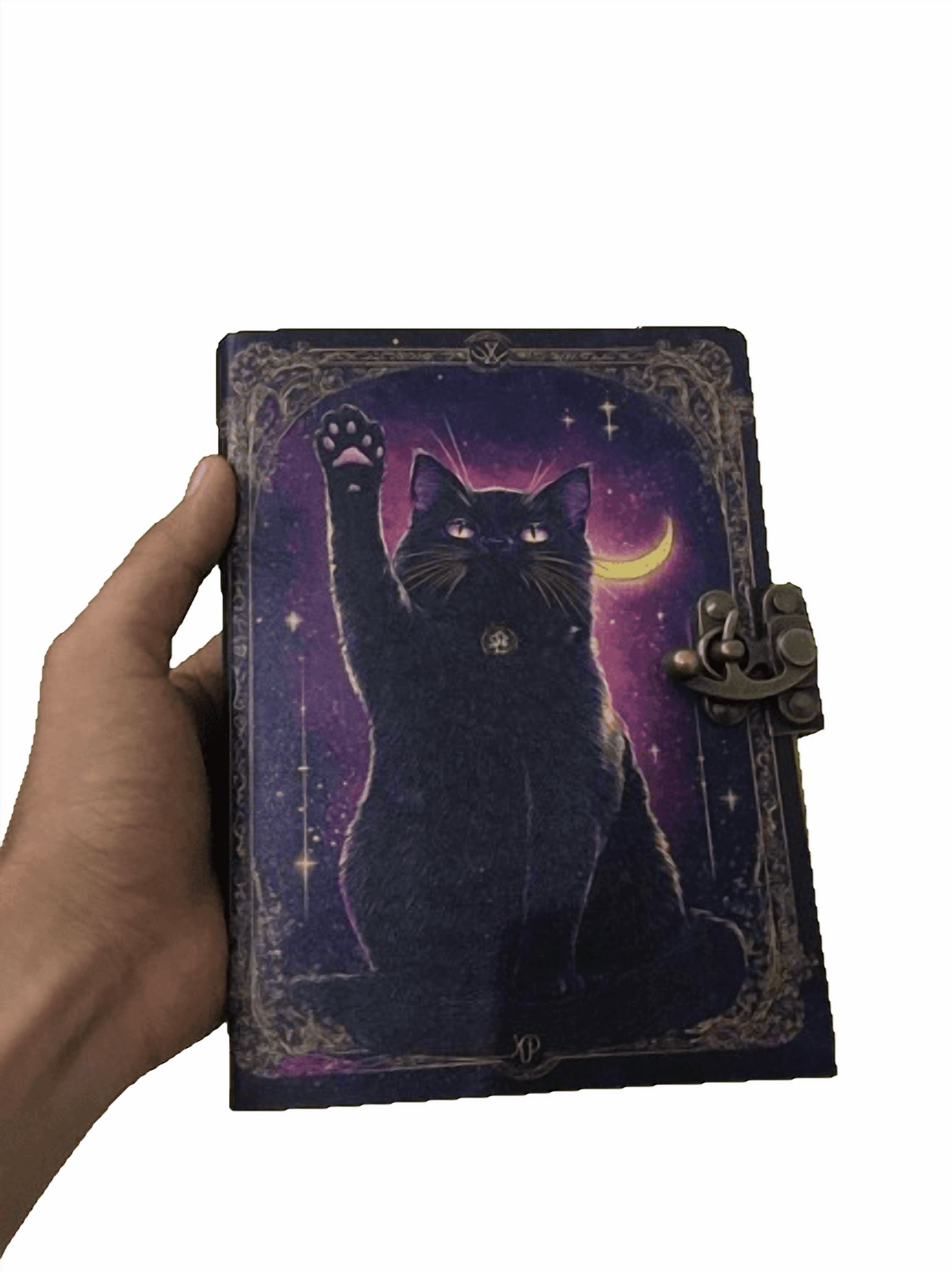 Mystic Black Cat Leather Journal, 5x7 Inch Handmade Notebook with Moon & Stars Artwork, 200 Vintage Handmade Paper Pages, Antique Locking Diary for Writing & Sketching