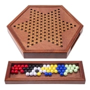 AMEROUS 12.5 inches Wooden Chinese Checkers Set with Storage Drawer Kids and Adults- 60 Acrylic Marbles in 6 Colors - 12 Bonus Spare Marbles