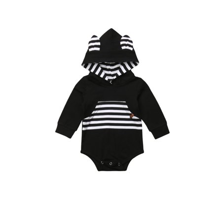 

FOCUSNORM Infant Boy Animal Ears Hooded Bodysuit Kids Baby Black Striped Long Sleeve Jumpsuit
