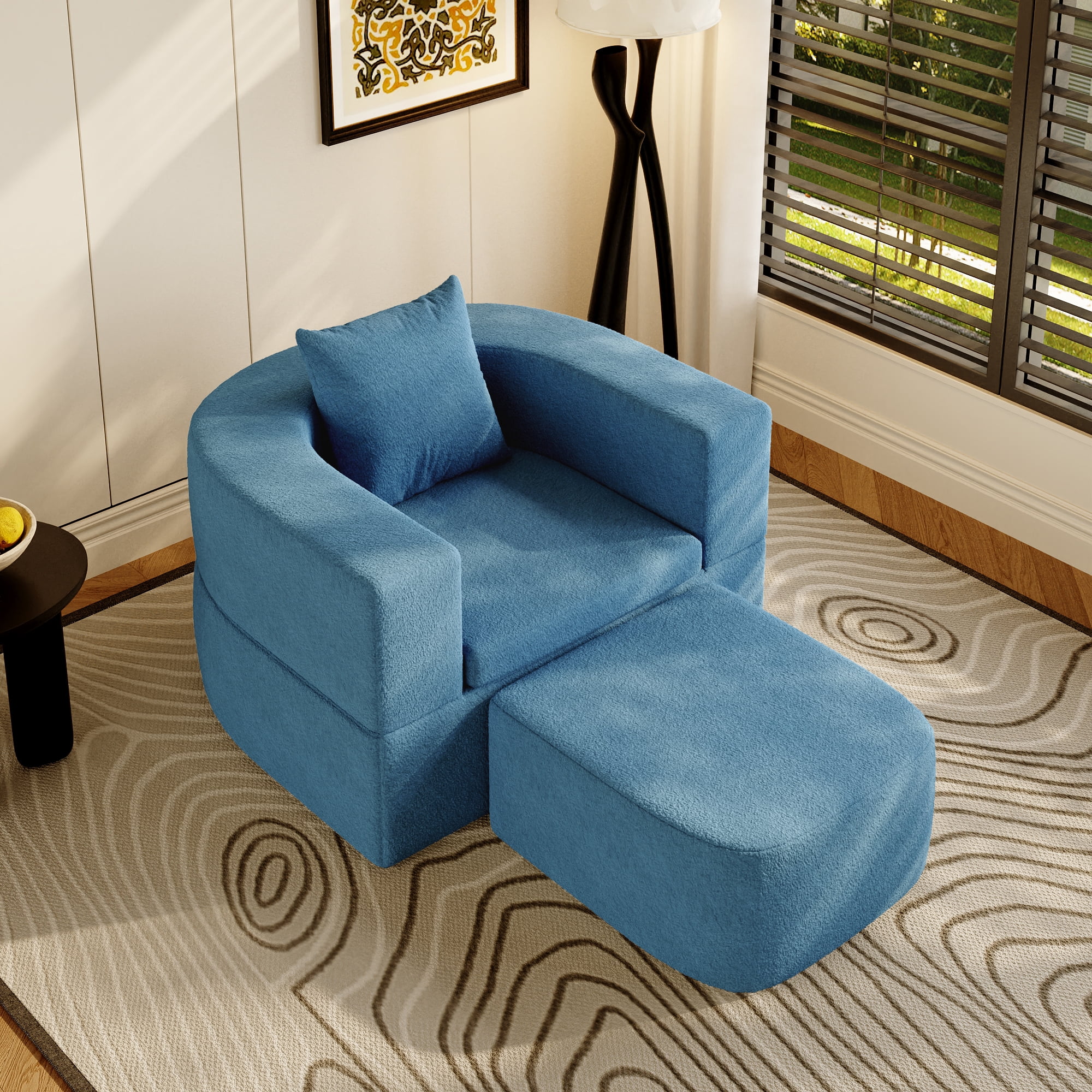The Magic Home 41" Futon Sofa Bed Teddy Fleece Futon Couch Convertible Sleeper Floor Sofa Bed Upholstered Couch Reading Chair for Living Room, Blue Couch, No Assembly