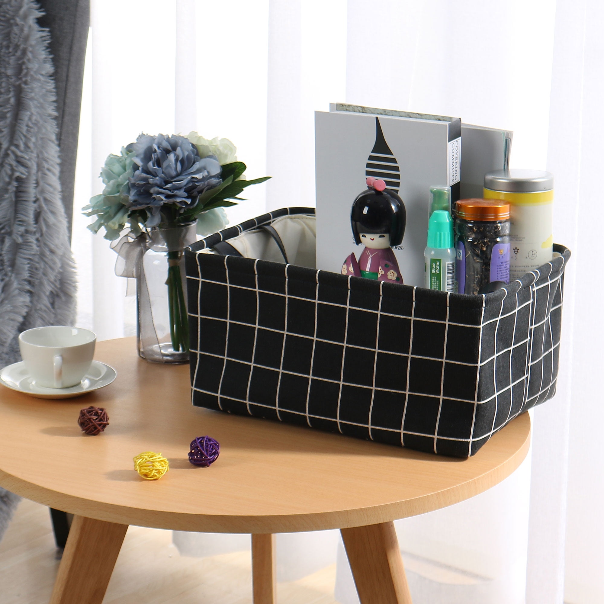 Unique Bargains Foldable Storage Basket with Handles Fabric Closet