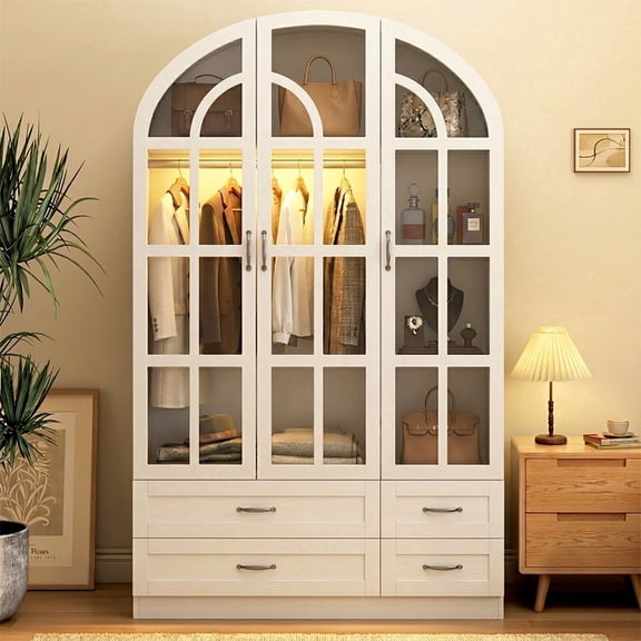 3-Door Armoire Wardrobe Closet for Bedroom with Mirror & LED Lights, 70" Rattan Door Wardrobe with 2 Drawers and 4-Layer Shelves, Boho Large Armoire Clothes Organizer with 2 Hanging Rods