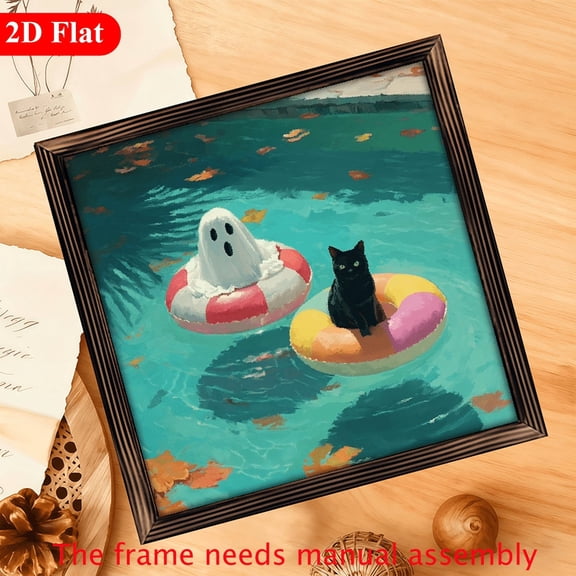 2D Flat, 1Pc Halloween Wood Frame Sign Ghosts and Black Cats, Swimming Rings Floating, Dreamy Illustration Style Wall Art Paintings Ideal Gift For Living Room Bedroom Corridor Wall Decor Room Dec