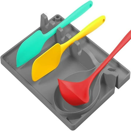 

PEACNNG Silicone Spoon Rest 2 in 1 Larger Size Silicone Spoon Holder for Stove Top with Drip Pad Include 5 Slots & 1 Spoon Holder (Grey)