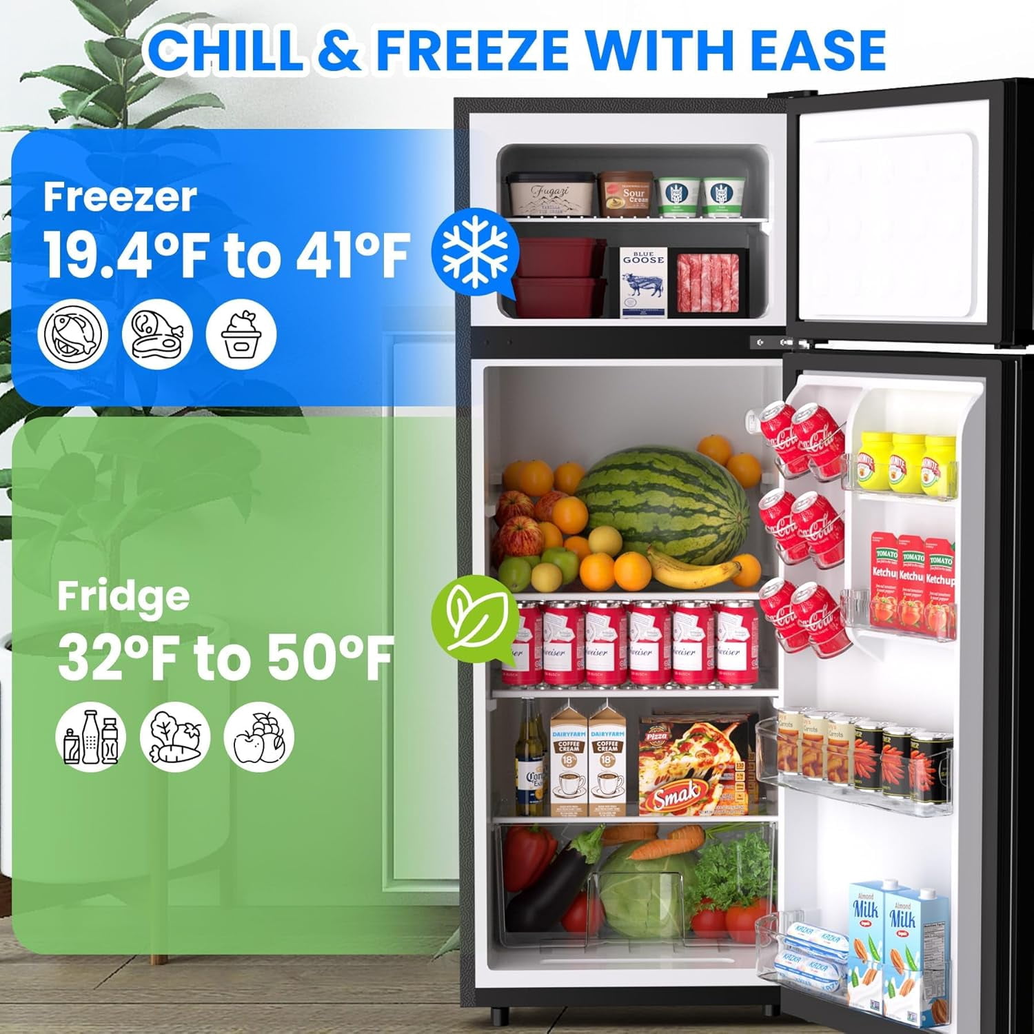 7.5 Cu.Ft Energy-Efficient Compact Refrigerator with Freezer, Mini Fridge Quiet Adjustable Thermostat Removable Shelf Double Door, Small Freezer Perfect for Dorm, Apartment, Office, Bedroom