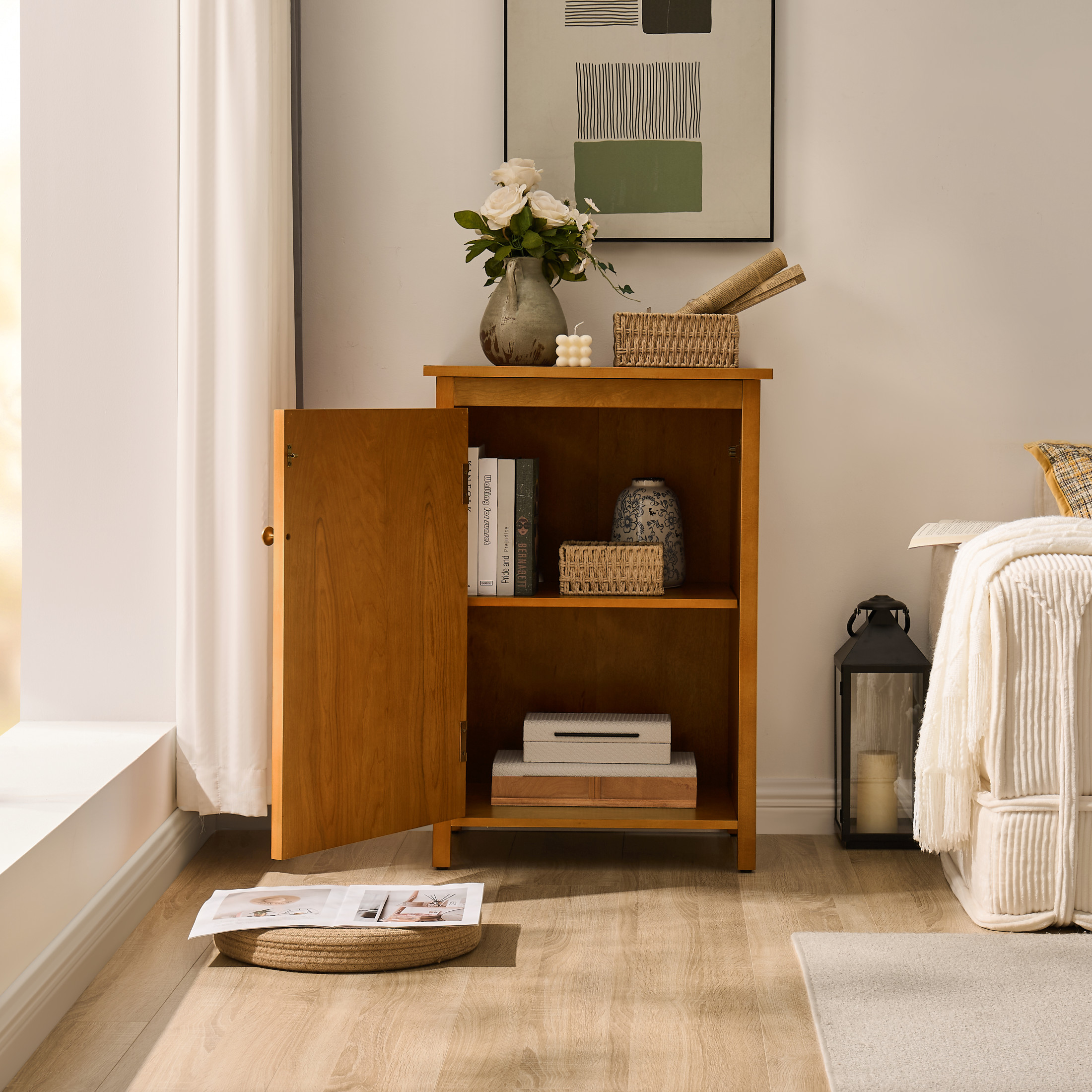 GDF Studio 34.2" Tall Mid-Century Modern Floor Cabinet with Door & Adjustable Shelf, Walnut