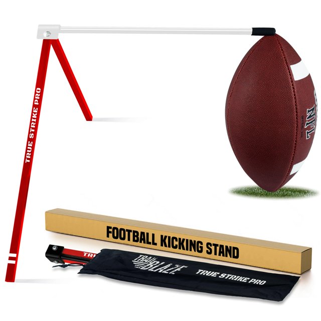 True Strike Pro Football Kicking Tee - Camiseta de fútbol definitiva compatible con todos los tamaños de pelota Bonus Goal Kicking Tracker Soporte para portería de fútbol (rojo y negro)