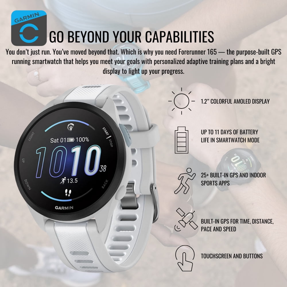Garmin Forerunner 165 GPS Running Smartwatch (Mist Gray-Whitestone) Bundle with Focus Camera Charger Stand for Garmin Smartwatches and In-Ear Earbud Headphones (White) (3 Items)