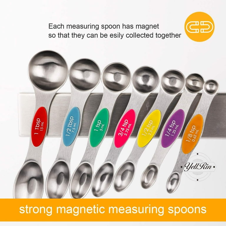 Magnetic Measuring Spoons Set of 7 Stainless Steel Metal Double Sided Teaspoon Tablespoon for Dry and Liquid Ingredients