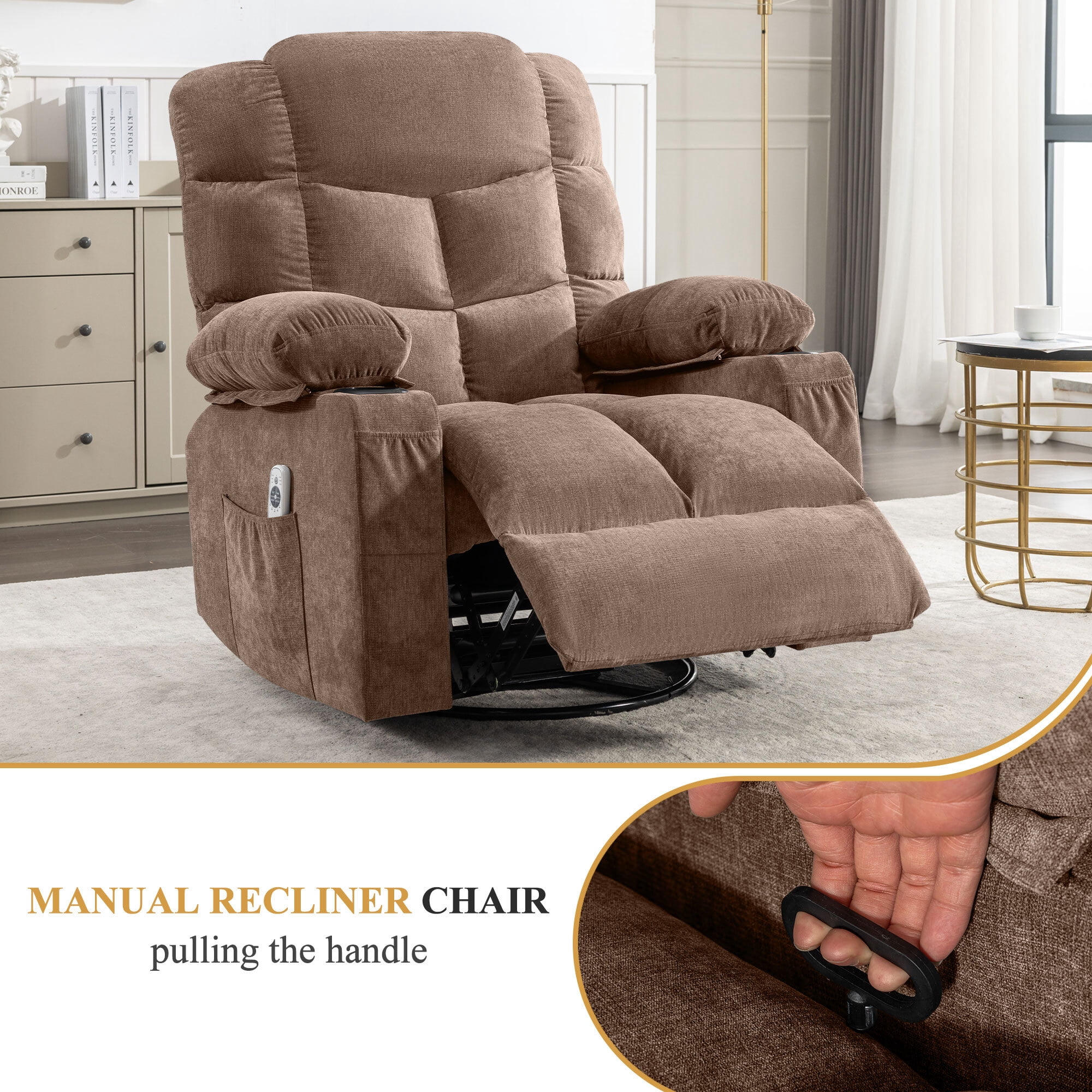 Alvantor Swivel Recliner Chair with Massage & Heat Single Rocker Sofa with Cup Holders for Bedroom Home Theater Brown