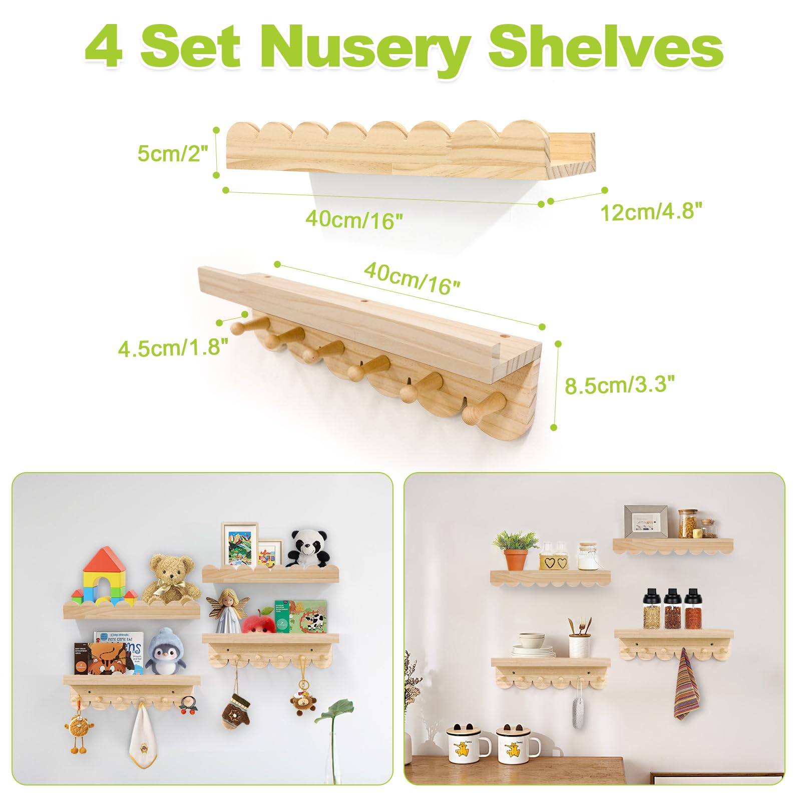 MIOCLYD Floating Book Shelves for Wall – 16'' Wooden Wall Shelf for Baby Boys & Girls Room, Books, Toys, Plants & Décor Storage (4-Pack)