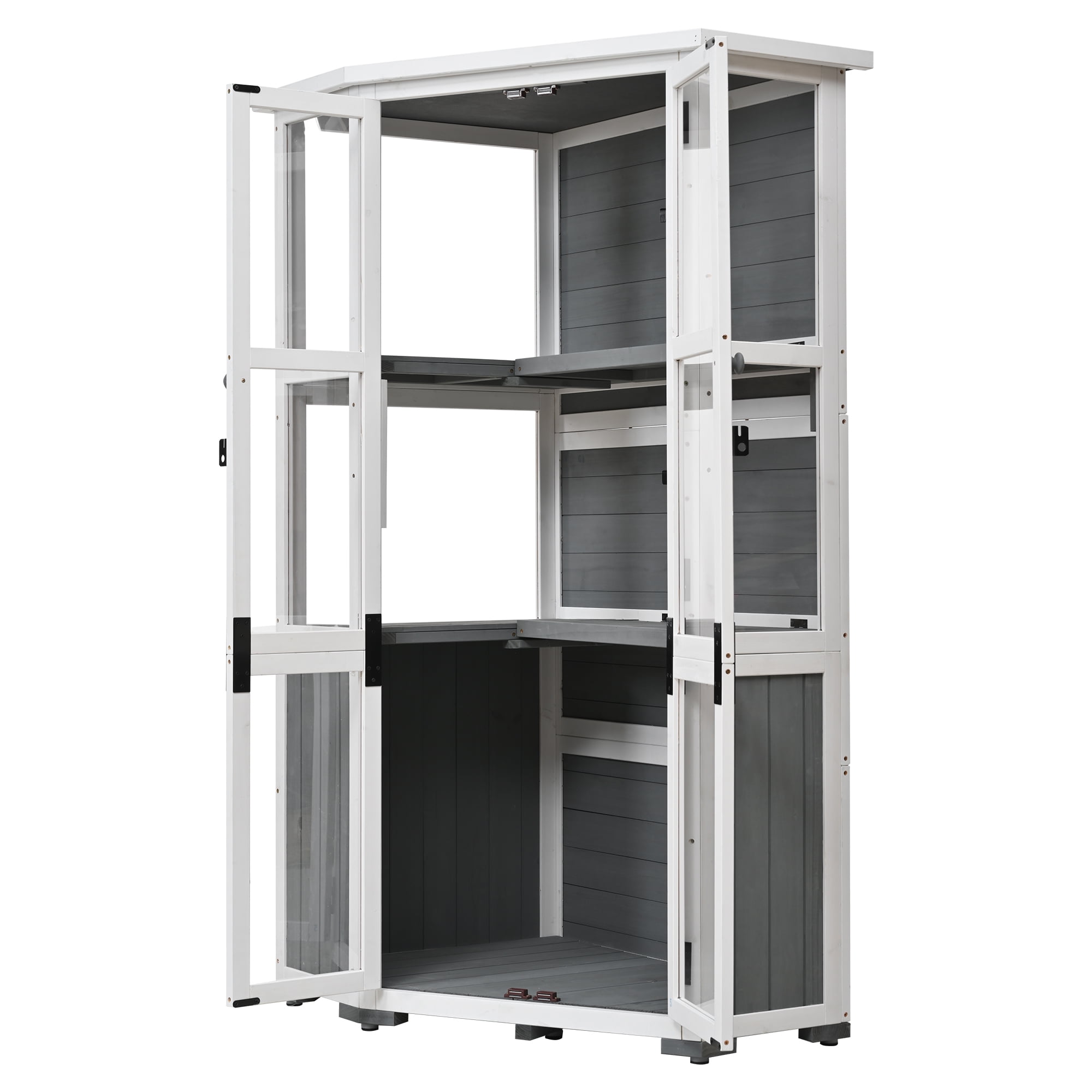 MAYEERTY 63'' Garden Wood Storage Cabinet – Outdoor Tool Shed & Mini Greenhouse with Lockable Door, Waterproof Roof, and Adjustable Shelves