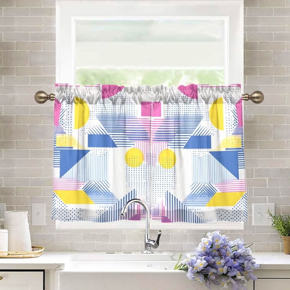 Yayeee Kitchen Curtains Tier Pair Light Filtering 27"x36" Rod Pocket Short Cafe Window Panel, Retro Simple Shapes