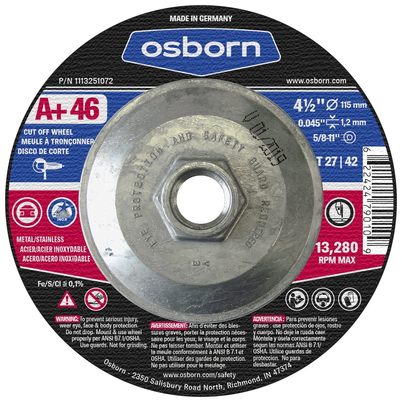 4.5 Type 4-1/2 x 0.045 x 7/8 Advanced Aluminum Oxide Pack of 25 4.5 Diameter 13280 rpm T27 A+ 60 Osborn 1113251572 Cutting/Cut-Off Disc