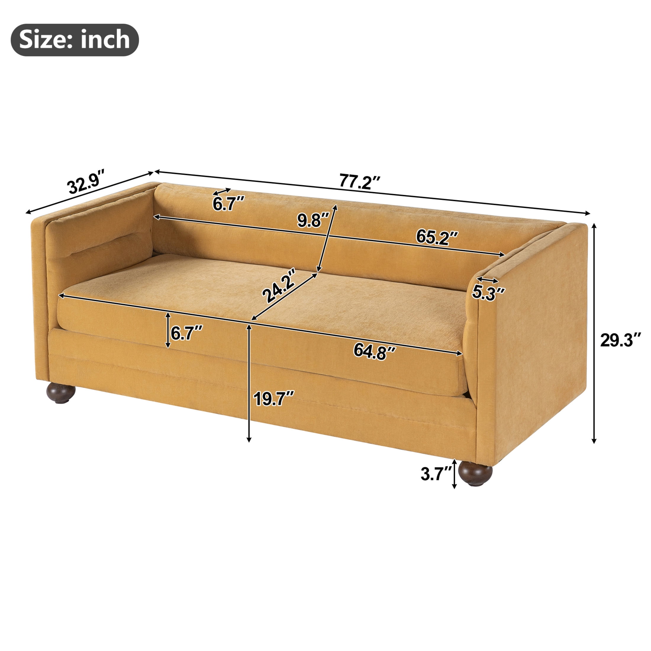 Christopher Knight Home 77.2" Modern Chenille Sofa Couch with Square Arms, 3 Seats, Wood Legs, Yellow
