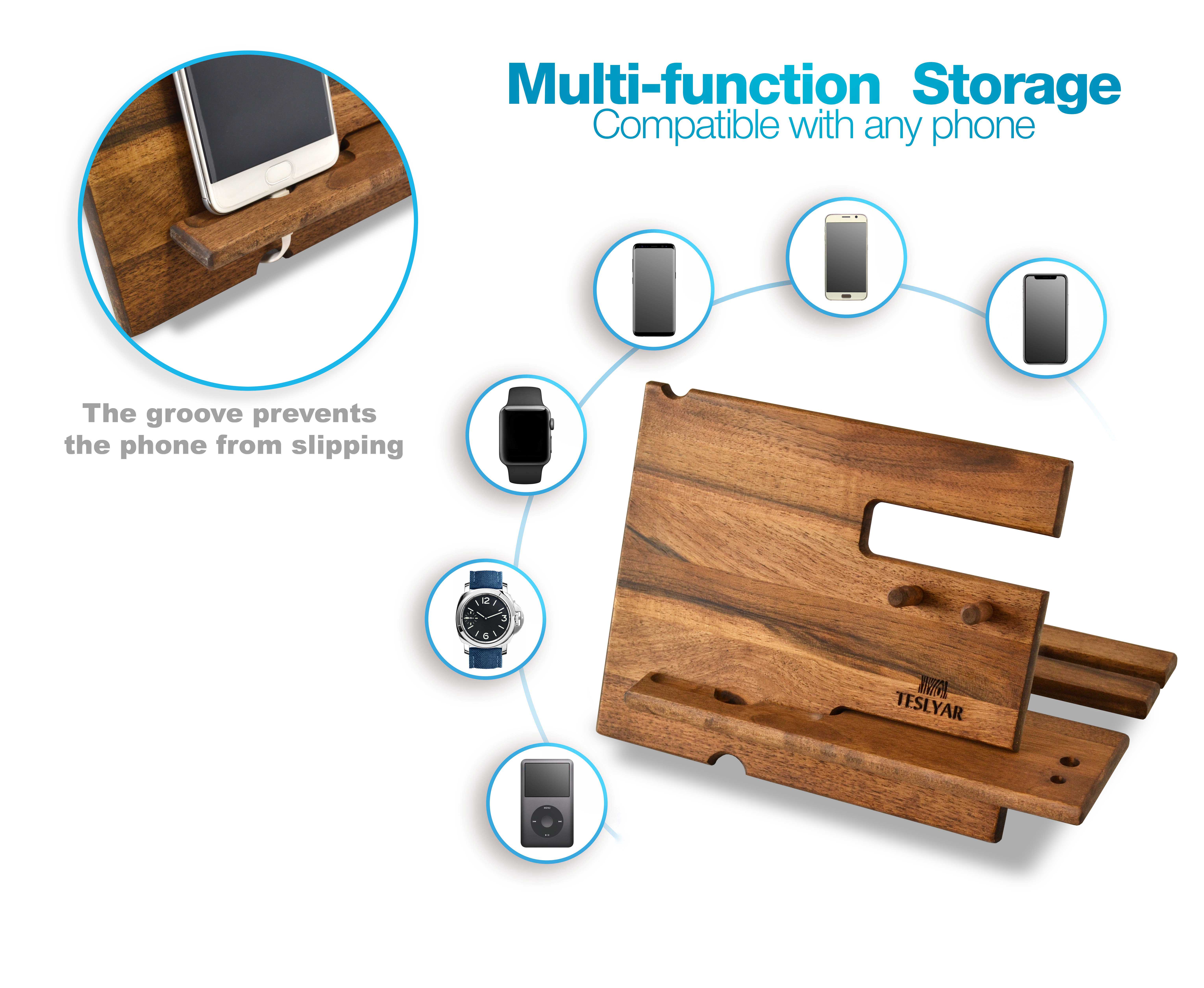 Natural Walnut Wood Phone Docking Station Key Hooks Holder Wallet