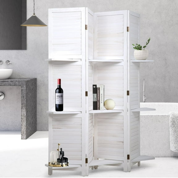 4 Panels Room Divider with Shelves - Folding Privacy Screen & Room Partition Separation for Home Office, Study, Art Display | Wooden Separator Wall for Adults & Families (White)