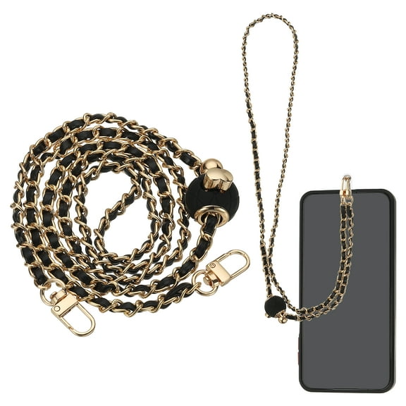 Phone Lanyard, 47 Inch Adjustable Crossbody Cellphone Gold Chain with Tether Tab, Anti-Theft Metal Pearl Neck Strap for Smartphones, Black