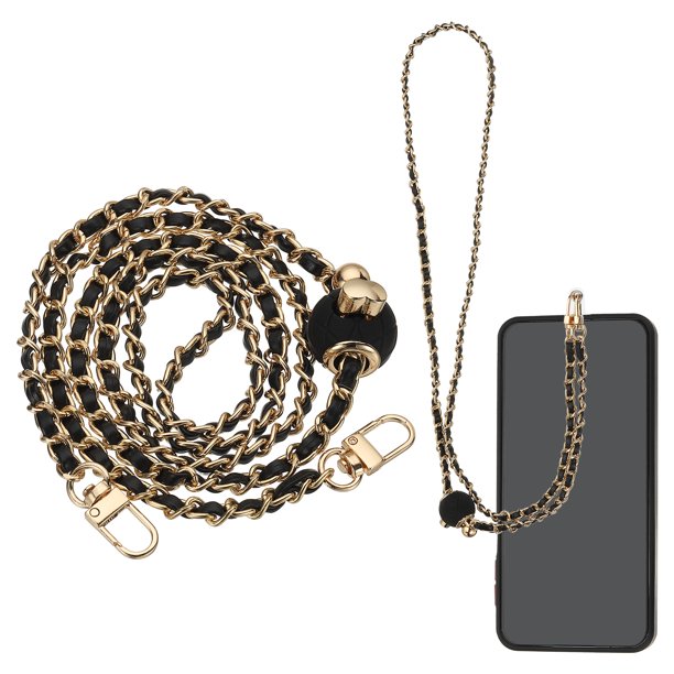 Lanyard para teléfono, cadena de teléfono cruzado ajustable de 47 pulgadas con pestaña de sujeción, correa de cuello de perla metálica antirrobo para smartphones, negra