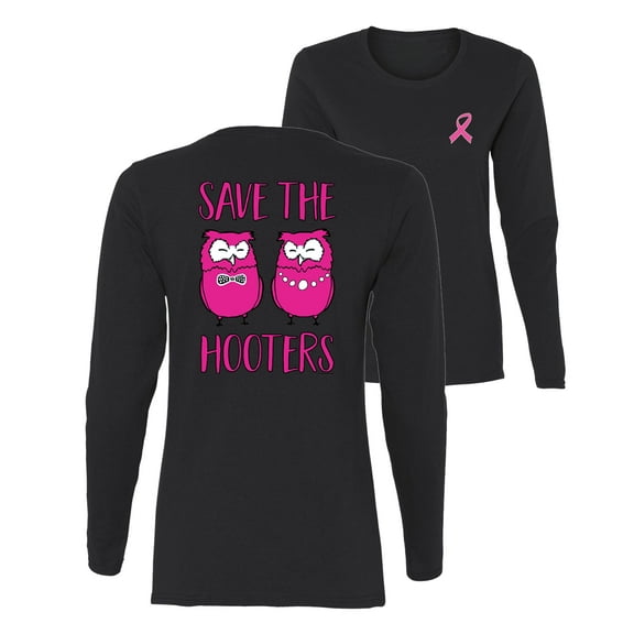 Wild Bobby Breast Cancer Awareness Save the Hooters 2 Chicks Funny Front and Back Women Long Sleeve Tee, Black, Small
