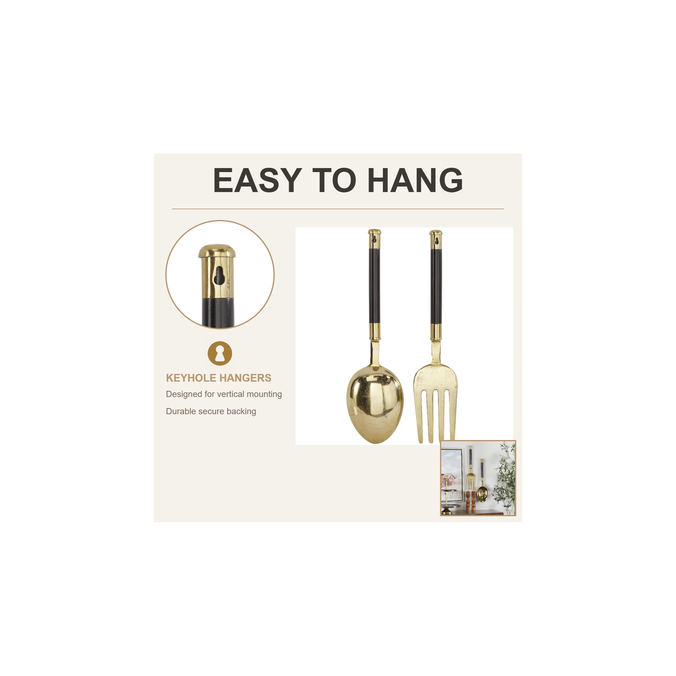 DecMode Gold Aluminum Metal Spoon and Fork Utensils Wall Decor (2 Count)