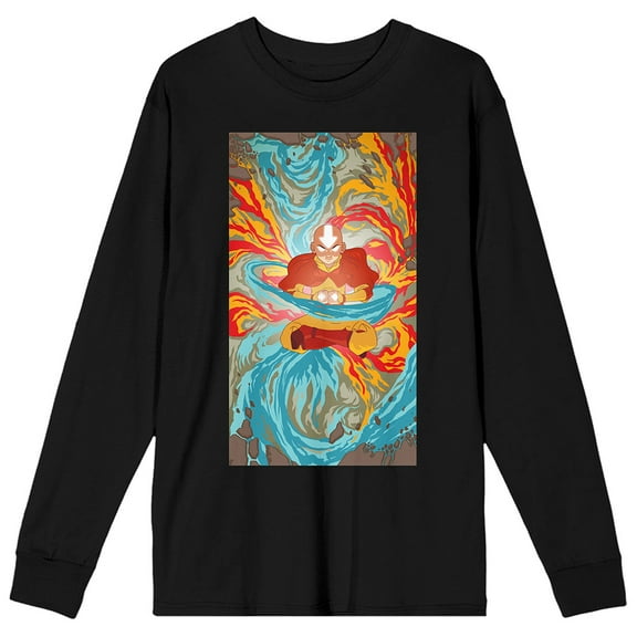 Avatar the Last Airbender Aang with Four Elements Black Long Sleeve Graphic Tee- L