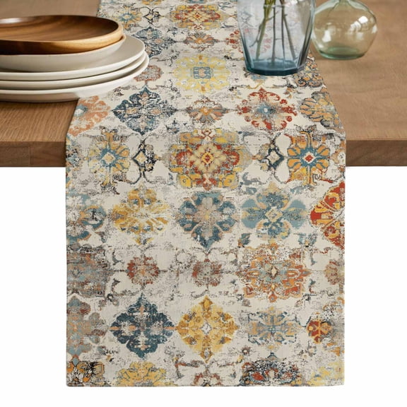 Farmhouse Morocco Table Runner, Boho Abstract Shabby Texture Art Washable Cotton Linen Table Runners 36 Inches Long, Dresser Scarf Runner for Nightstand/End Tables/Round Tables 13''x36''